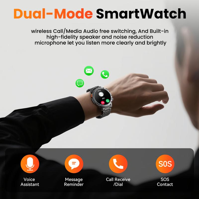 Herren Smartwatch im Militärstil mit 1100‑mAh‑Akku, 1,7‑Zoll‑AMOLED‑Display, LED‑Taschenlampe, IP68 wasserdicht, Fitnessuhr mit Telefonfunktion, über 110 Sportmodi, Herzfrequenz /Schlafüberwachung, kompatibel mit iOS und Android