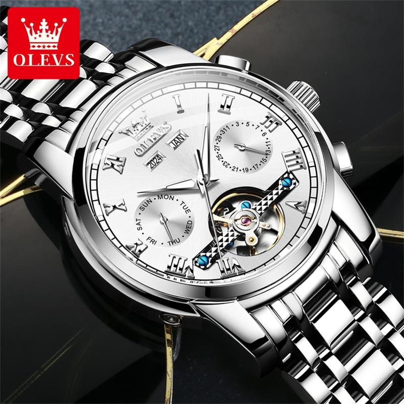 Automatische Herrenuhr Automatikaufzug Blau Edelstahl Tourbillon Mechanisch Leuchtend Wasserdicht Kalender Chronograph Business Luxus Mode