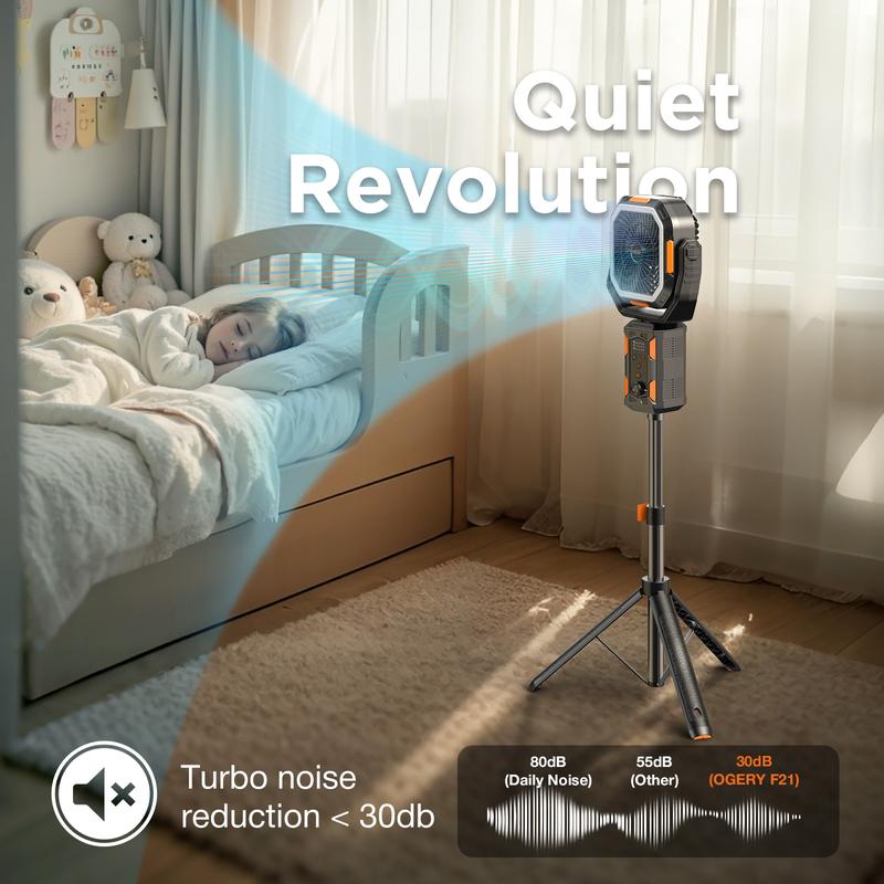 Campingventilator mit abnehmbarem Stativ, wiederaufladbarer Ventilator mit 30.000 mAh, LED-Beleuchtung und 270°-Schwenkfunktion, 4-in-1-Akku-Campingventilator