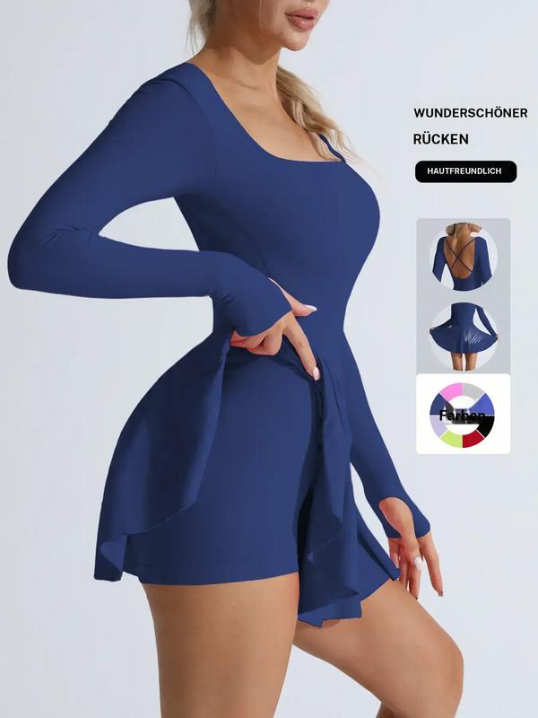 Damen-Sportkleid, einfarbig, mit gekreuztem Rückenausschnitt, 2-in-1