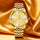 Herrenuhr mit Diamantenbesatz, Kristallglas, Spiegelglanz und goldenem Stahlarmband