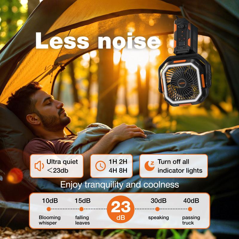 Campingventilator mit abnehmbarem Stativ, wiederaufladbarer Ventilator mit 30.000 mAh, LED-Beleuchtung und 270°-Schwenkfunktion, 4-in-1-Akku-Campingventilator