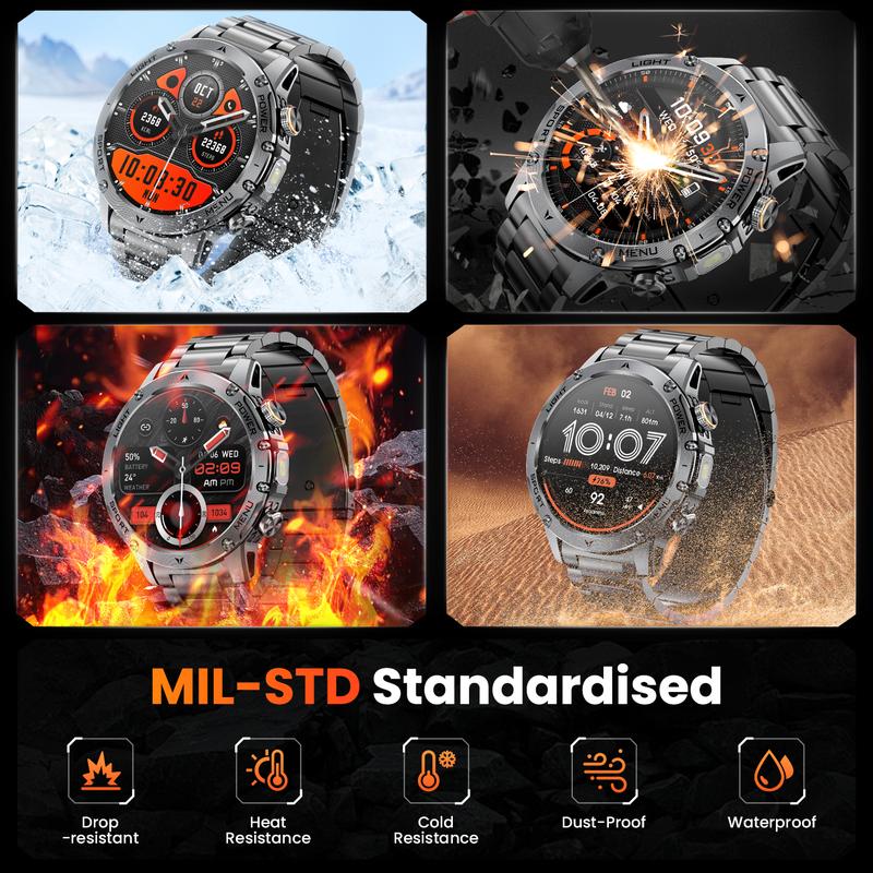 Herren-Military-Smartwatch mit 1000 mAh Akku, 1,91 Zoll AMOLED-Display, LED-Taschenlampe/5 ATM wasserdichte Fitnessuhr mit Telefonfunktion, 110+ Sportmodi / Herzfrequenz / Schlafmonitor / SpO2, iOS/Android