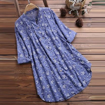 🌸Women's nuevo algodón lino floral suelto vestido de camisa