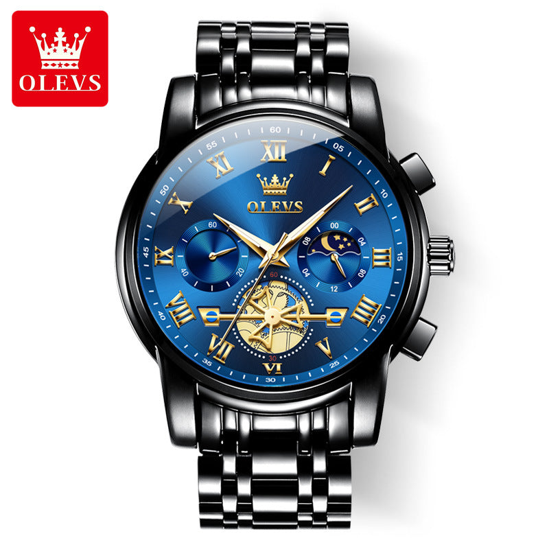 Automatische Herrenuhr Automatikaufzug Blau Edelstahl Tourbillon Mechanisch Leuchtend Wasserdicht Kalender Chronograph Business Luxus Mode