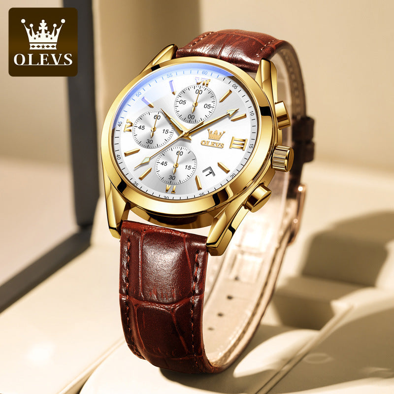 ⏰Black Friday Sale 50 % RABATT💥💥OLEVS Dreiaugen-Sechszeiger-Leder-Freizeit-Chronograph Herrenuhr