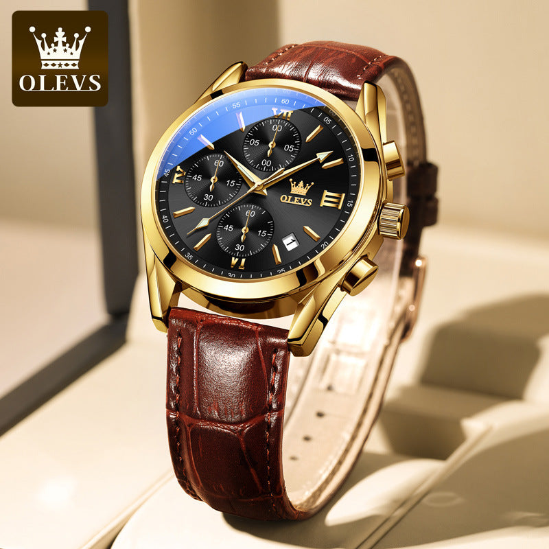 ⏰Black Friday Sale 50 % RABATT💥💥OLEVS Dreiaugen-Sechszeiger-Leder-Freizeit-Chronograph Herrenuhr