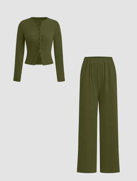 Schmal geschnittenes Langarm-Oberteil mit Knöpfen und weit geschnittene Hose, 2-teiliges Set