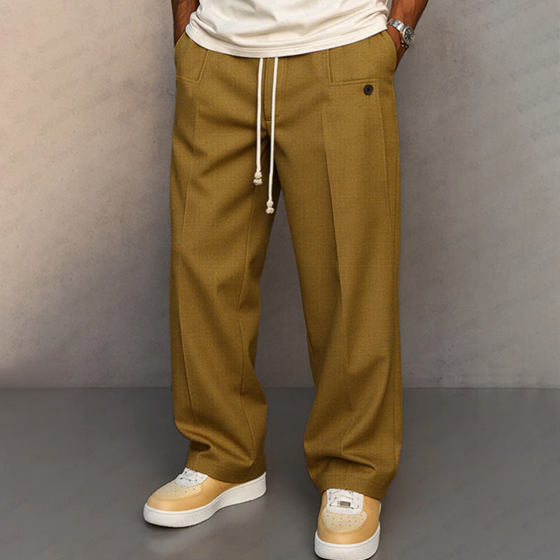 Herren Freizeithose mit Struktur, weitem Bein und Metallknopfdetail – locker geschnittene lange Hose, vielseitig und bequem