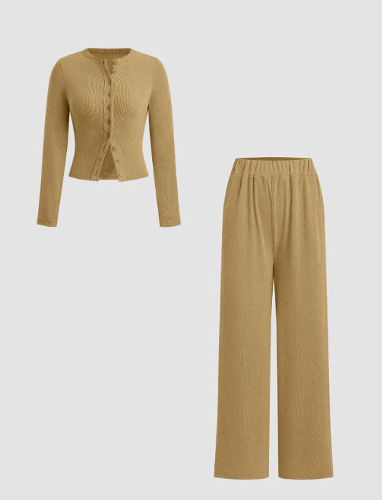 Schmal geschnittenes Langarm-Oberteil mit Knöpfen und weit geschnittene Hose, 2-teiliges Set