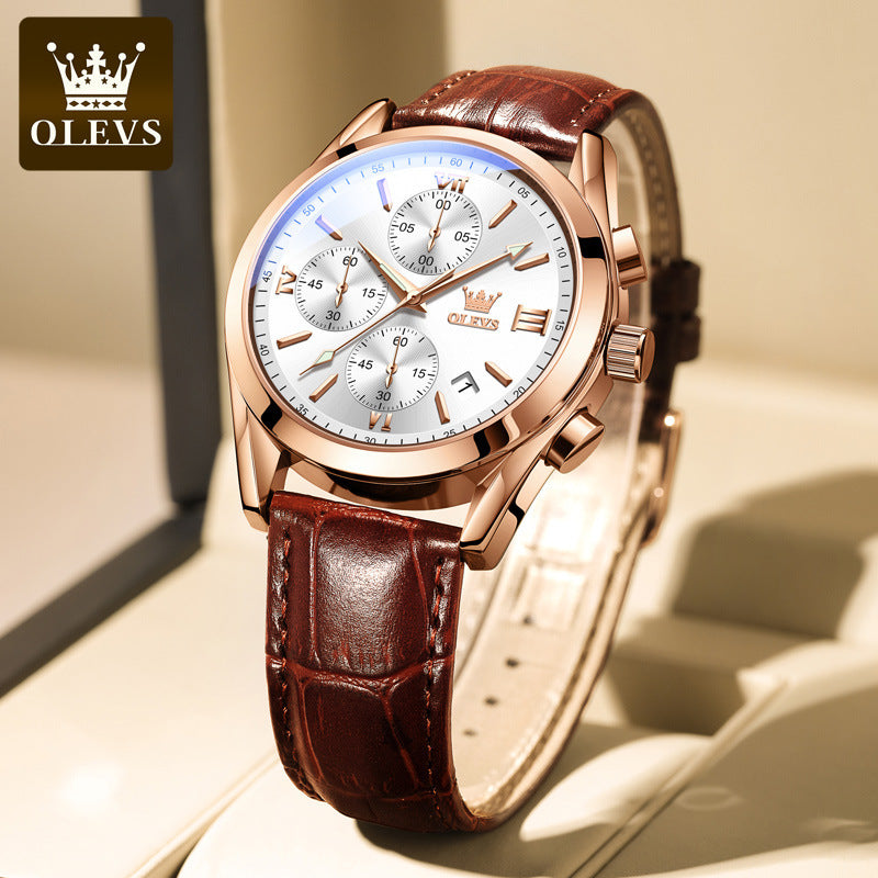 ⏰Black Friday Sale 50 % RABATT💥💥OLEVS Dreiaugen-Sechszeiger-Leder-Freizeit-Chronograph Herrenuhr