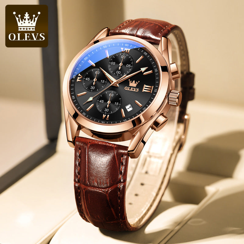⏰Black Friday Sale 50 % RABATT💥💥OLEVS Dreiaugen-Sechszeiger-Leder-Freizeit-Chronograph Herrenuhr