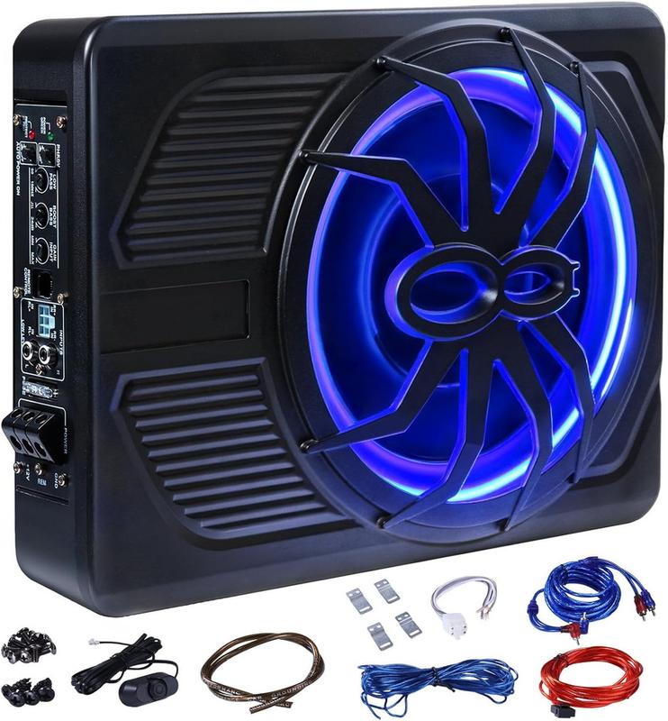 1200W 10'' Untersitz-Aktiv-Subwoofer +Kabelset&Licht Auto Bassbox Kompakt Lautsprecher