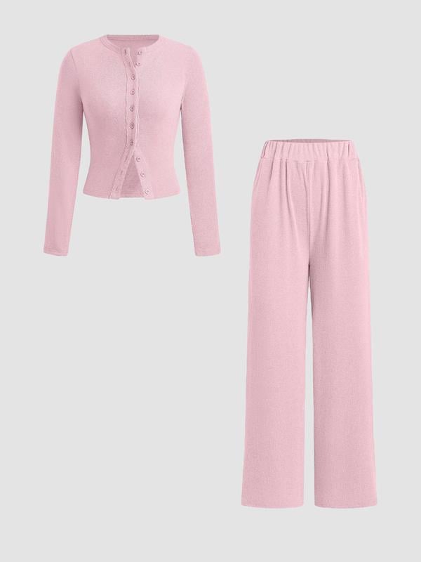 Schmal geschnittenes Langarm-Oberteil mit Knöpfen und weit geschnittene Hose, 2-teiliges Set