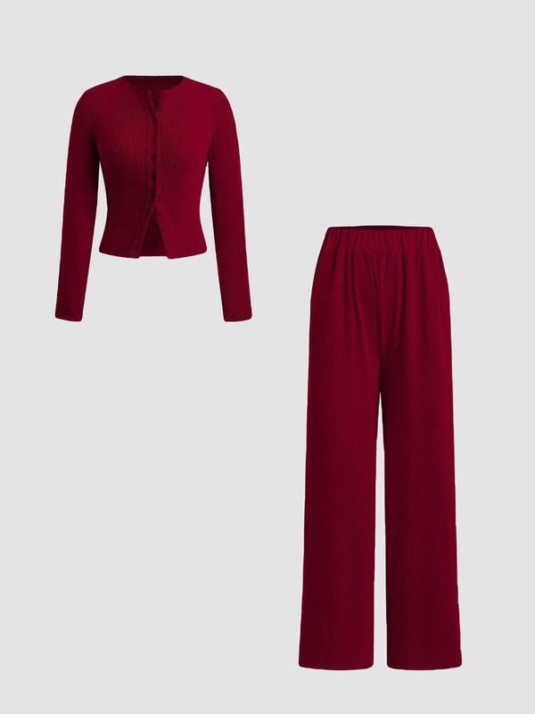 Schmal geschnittenes Langarm-Oberteil mit Knöpfen und weit geschnittene Hose, 2-teiliges Set