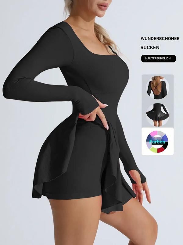 Damen-Sportkleid, einfarbig, mit gekreuztem Rückenausschnitt, 2-in-1