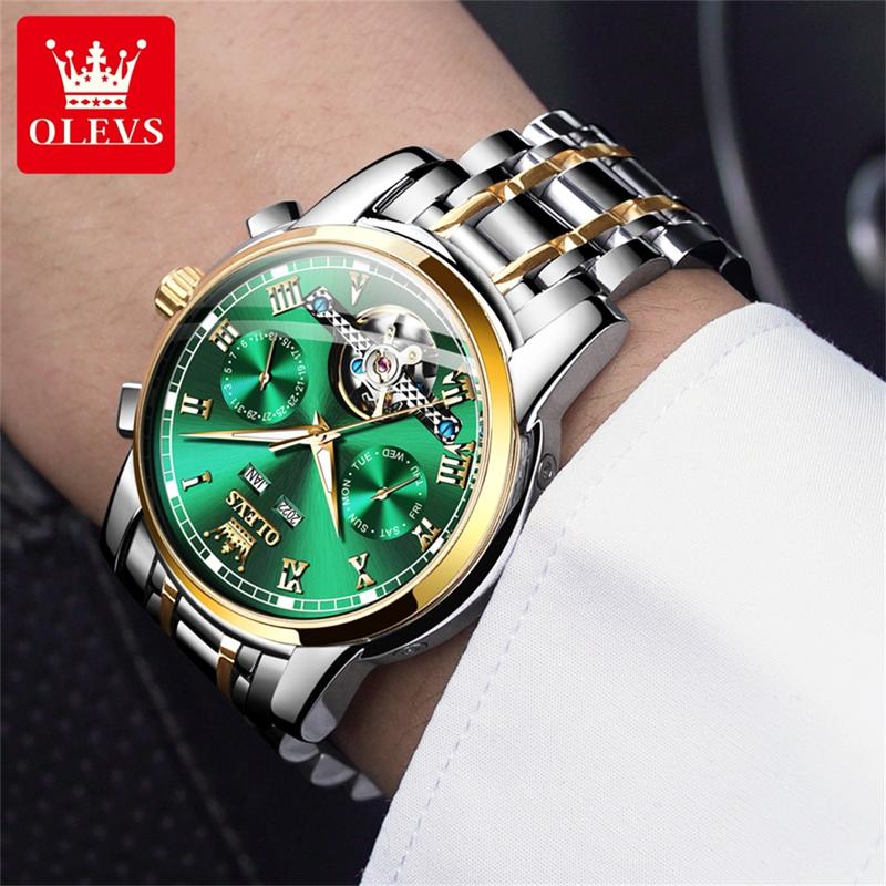 Automatische Herrenuhr Automatikaufzug Blau Edelstahl Tourbillon Mechanisch Leuchtend Wasserdicht Kalender Chronograph Business Luxus Mode