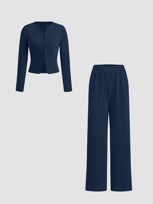 Schmal geschnittenes Langarm-Oberteil mit Knöpfen und weit geschnittene Hose, 2-teiliges Set