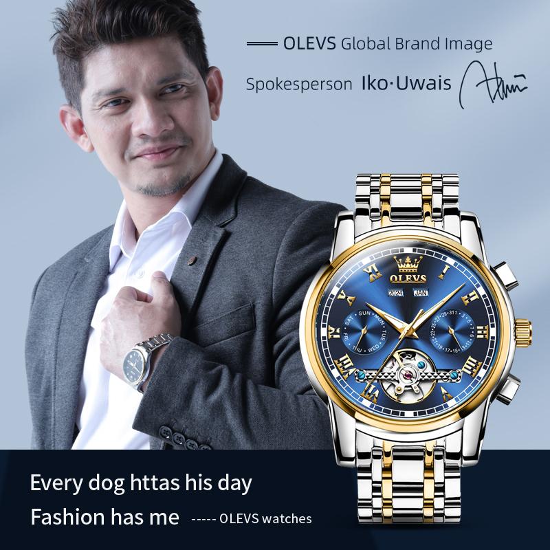 Automatische Herrenuhr Automatikaufzug Blau Edelstahl Tourbillon Mechanisch Leuchtend Wasserdicht Kalender Chronograph Business Luxus Mode