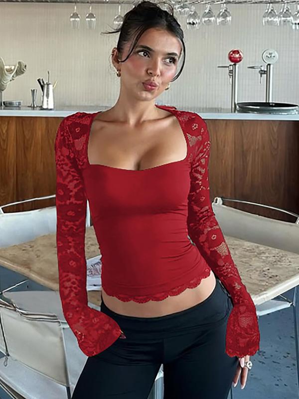 Einfarbiges Damen-T-Shirt mit Spitzenblumenmuster, gesplitteten Rüschen und transparenten Ärmeln