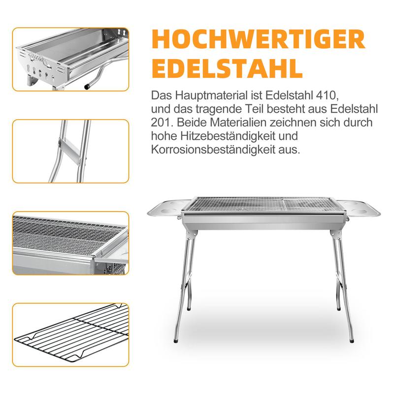 Klappbarer Holzkohlegrill aus Edelstahl für den Garten -73*33,5*70 cm tragbarer, klappbarer Grill -aus Edelstahl