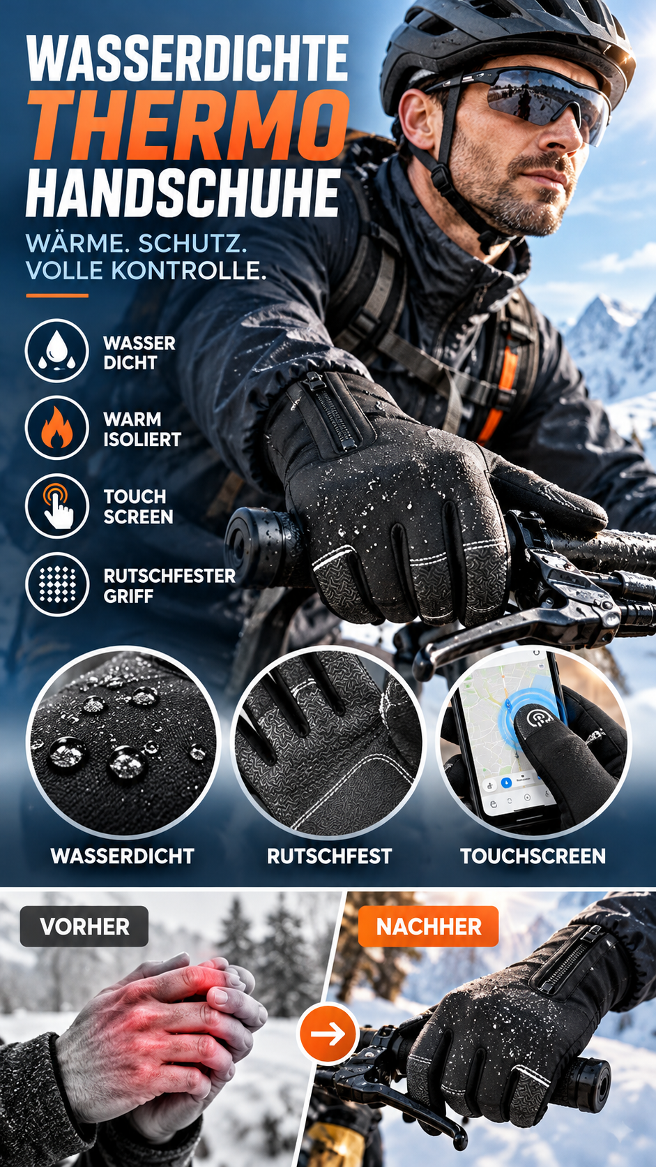 Warme, wasserdichte Outdoor-Handschuhe mit Touchscreen für Herren-Gcom