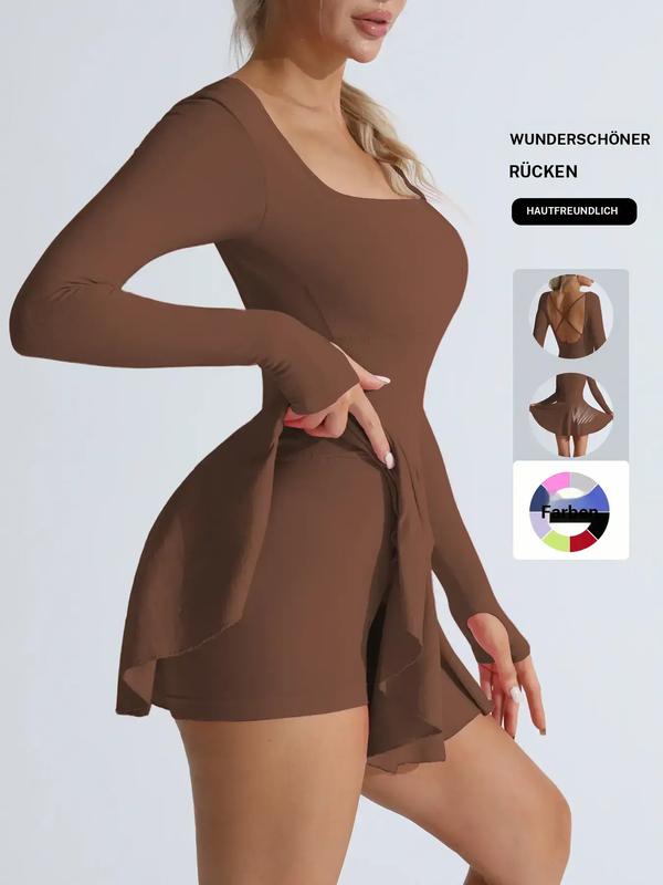 Damen-Sportkleid, einfarbig, mit gekreuztem Rückenausschnitt, 2-in-1