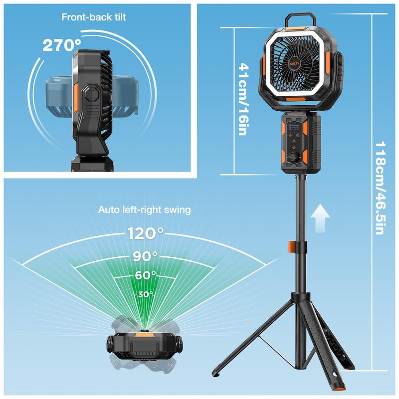 Campingventilator mit abnehmbarem Stativ, wiederaufladbarer Ventilator mit 30.000 mAh, LED-Beleuchtung und 270°-Schwenkfunktion, 4-in-1-Akku-Campingventilator