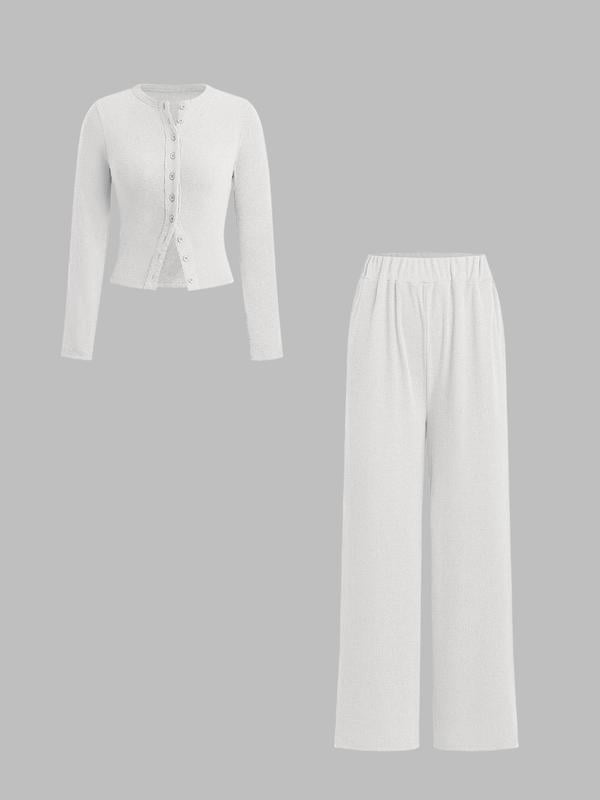 Schmal geschnittenes Langarm-Oberteil mit Knöpfen und weit geschnittene Hose, 2-teiliges Set