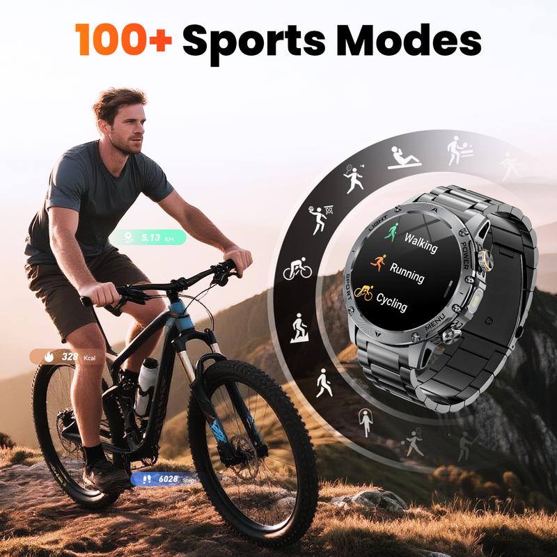 Herren-Military-Smartwatch mit 1000 mAh Akku, 1,91 Zoll AMOLED-Display, LED-Taschenlampe/5 ATM wasserdichte Fitnessuhr mit Telefonfunktion, 110+ Sportmodi / Herzfrequenz / Schlafmonitor / SpO2, iOS/Android
