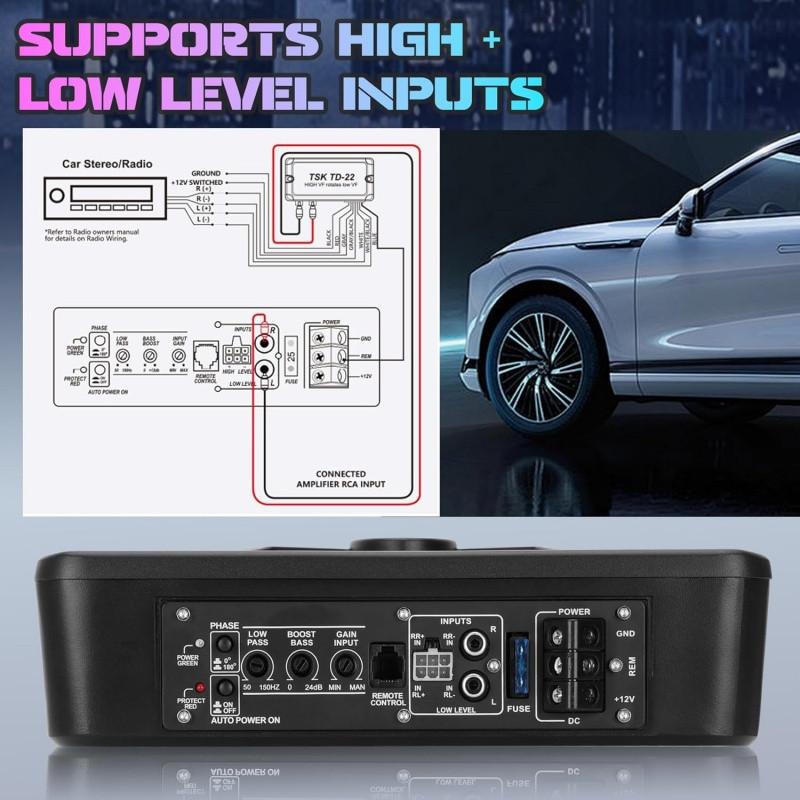 1200W 10'' Untersitz-Aktiv-Subwoofer +Kabelset&Licht Auto Bassbox Kompakt Lautsprecher