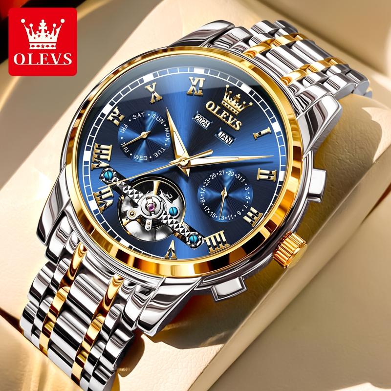 Automatische Herrenuhr Automatikaufzug Blau Edelstahl Tourbillon Mechanisch Leuchtend Wasserdicht Kalender Chronograph Business Luxus Mode