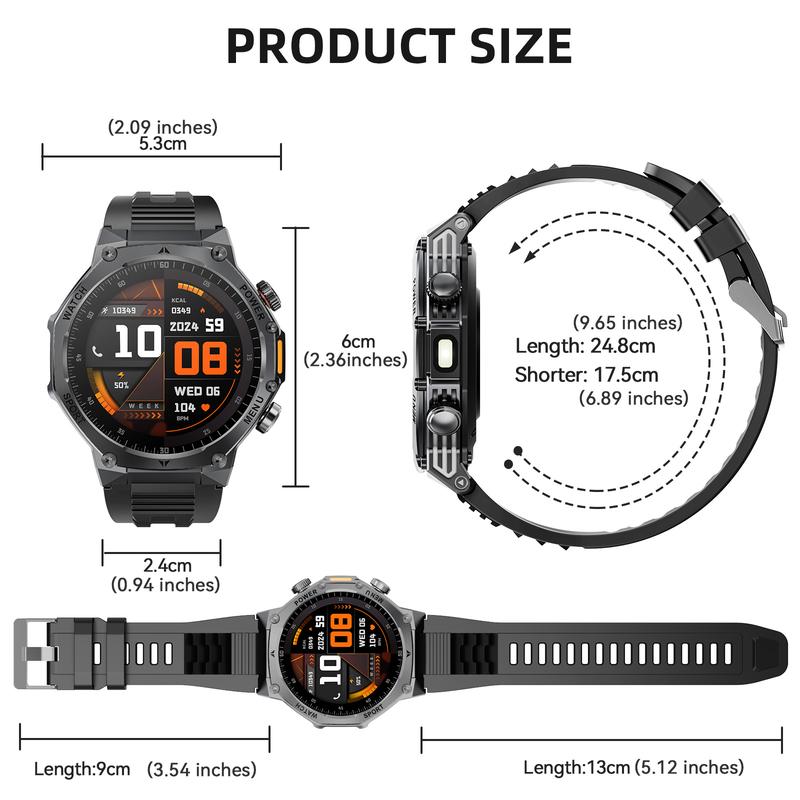 Herren Smartwatch im Militärstil mit 1100‑mAh‑Akku, 1,7‑Zoll‑AMOLED‑Display, LED‑Taschenlampe, IP68 wasserdicht, Fitnessuhr mit Telefonfunktion, über 110 Sportmodi, Herzfrequenz /Schlafüberwachung, kompatibel mit iOS und Android
