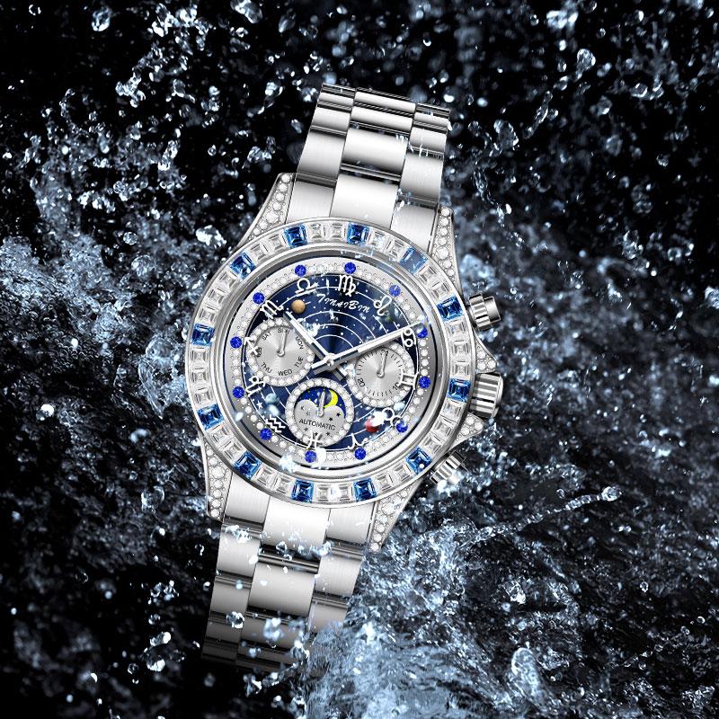 TINAIBIN Zwölf Sternzeichen & Sternenhimmel Diamant Automatikuhr Skelett Herrenuhr