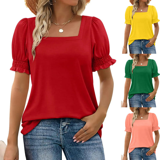 🍃Lässiges T-Shirt mit gesmokten Ärmeln und quadratischem Ausschnitt für Damen (BUY 2✈️ Kostenloser Versand)
