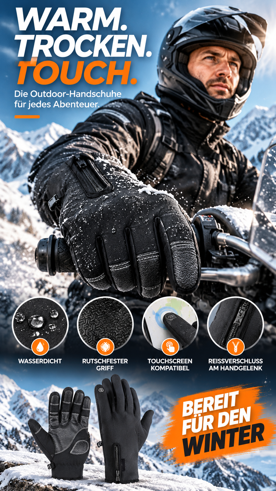 Warme, wasserdichte Outdoor-Handschuhe mit Touchscreen für Herren-Gcom