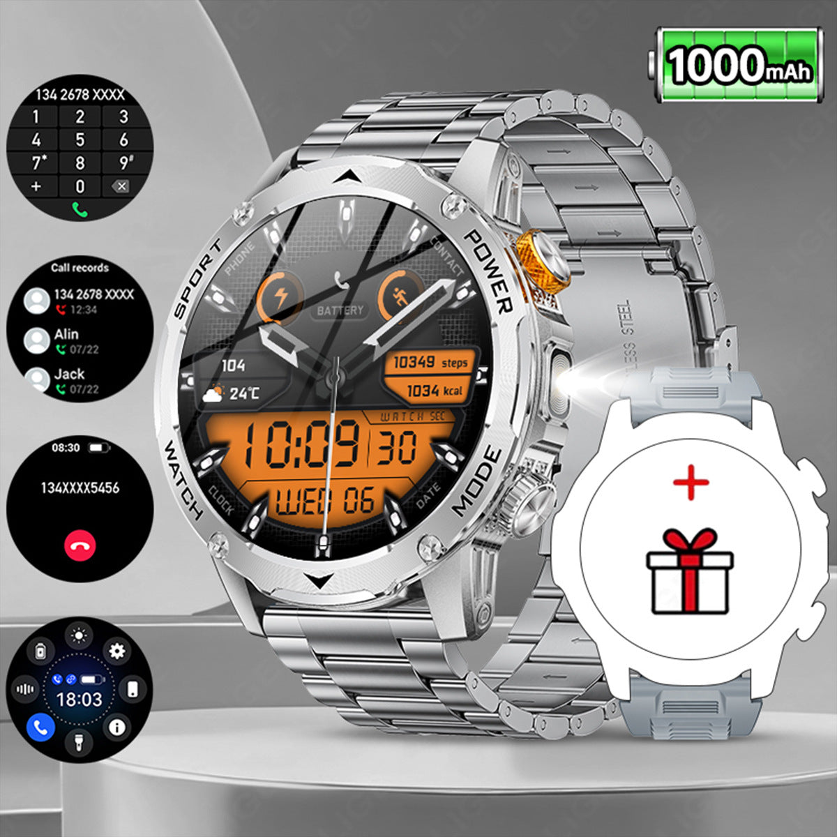 Herren Smartwatch im Militärstil mit 1100‑mAh‑Akku, 1,7‑Zoll‑AMOLED‑Display, LED‑Taschenlampe, IP68 wasserdicht, Fitnessuhr mit Telefonfunktion, über 110 Sportmodi, Herzfrequenz /Schlafüberwachung, kompatibel mit iOS und Android