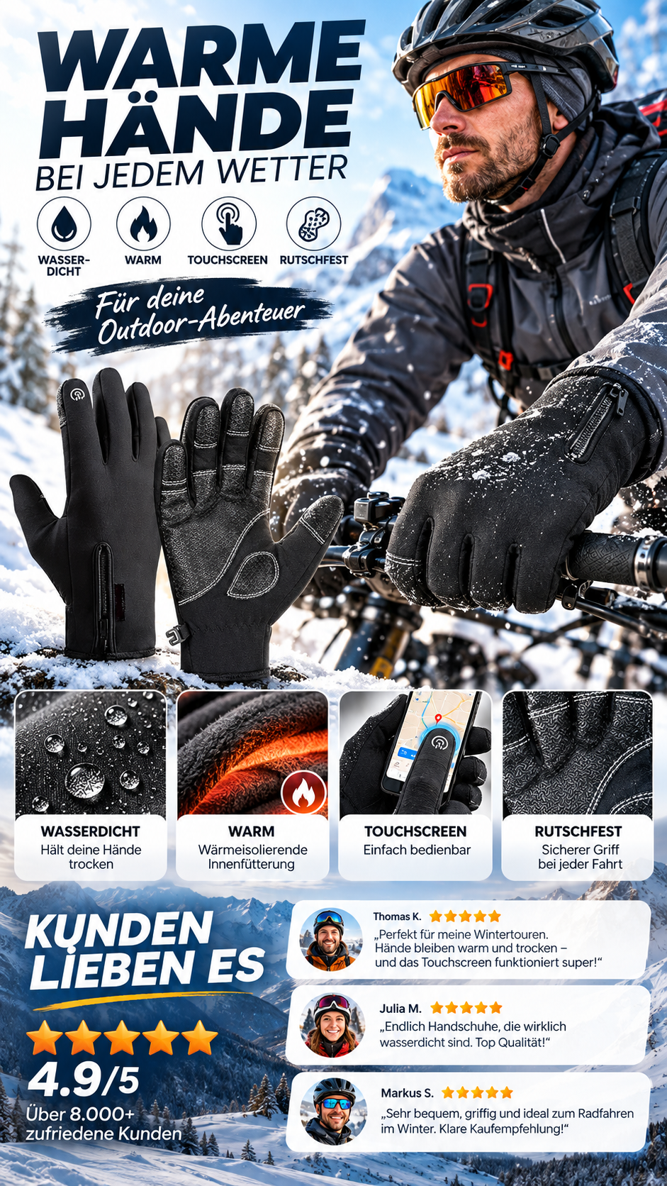 Warme, wasserdichte Outdoor-Handschuhe mit Touchscreen für Herren-Gcom