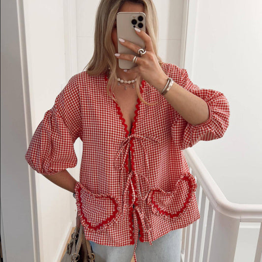 Cute Plaid Heart Print Tie Front Shirt