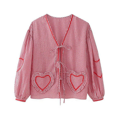 Cute Plaid Heart Print Tie Front Shirt