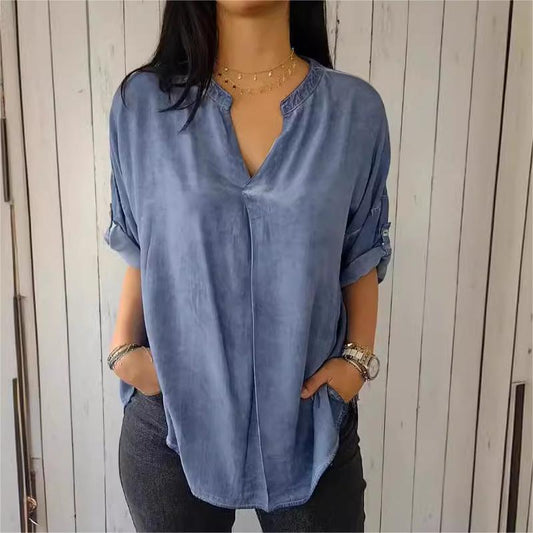 Disfrute de un descuento del 50% de inmediato 🌟 Blusa de cuello V de color sólido transpirable casual