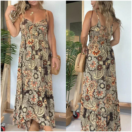 💕Oferta por tiempo limitado 39% OFF💕Vestido largo sexy con estampado floral y tirantes de espagueti para mujer