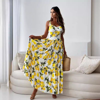 Women’s Elegant Lemon Print Spaghetti Strap Flowy Long Dress