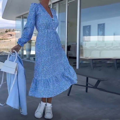 Vestido de Manga Larga con Escote en V y Estampado Azul para Mujer