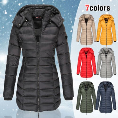 Chaqueta acolchada de mujer de longitud media para invierno, cálida, de color sólido con capucha