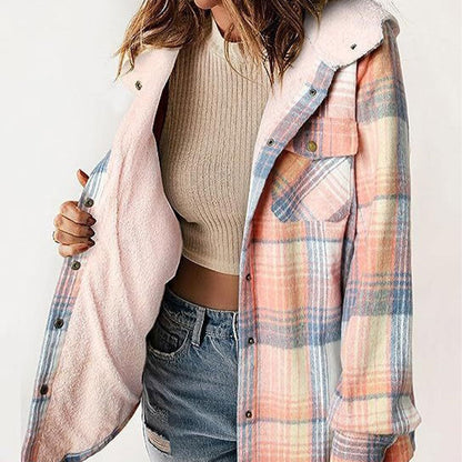 🔥Damen Herbst und Winter verdickter Flanell langärmelige karierte Kapuzenjacke