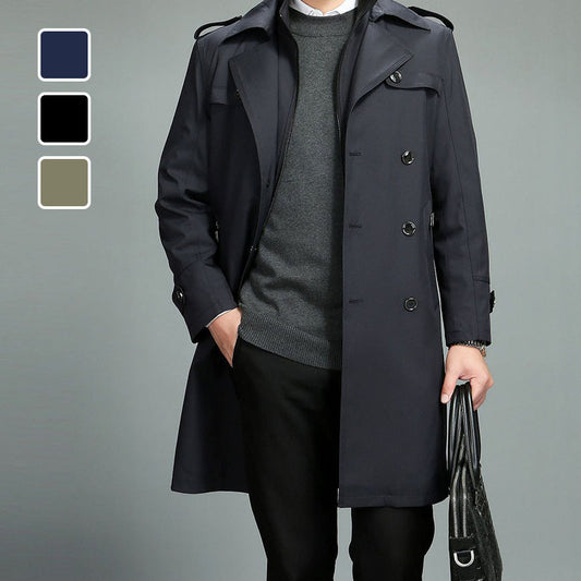 Men's Casual Zippered Lapel Trench Coat with Detachable Liner