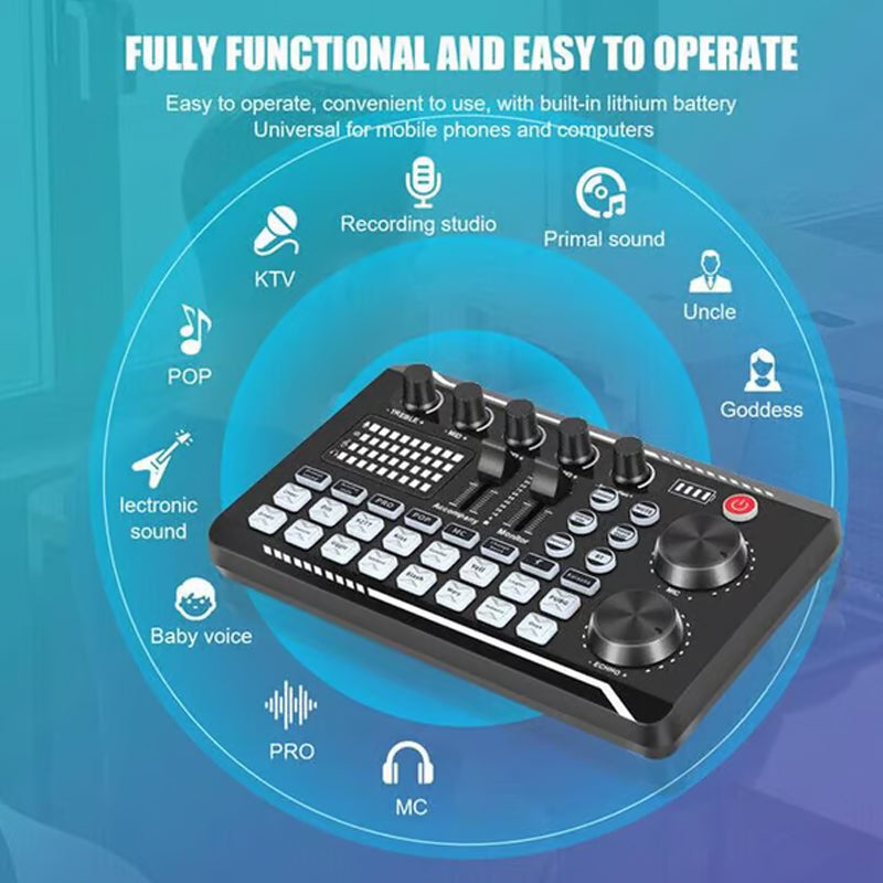 F998 Live-Soundkarte, Audio-Mixer, Podcast-Audioschnittstelle mit DJ-Mixer-Effekten, Stimmverzerrer mit Soundeffekten für Karaoke, Live-Streaming, Gaming-Aufnahmen
