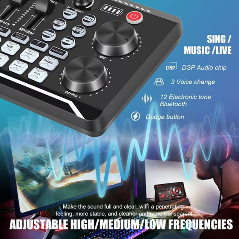 F998 Live-Soundkarte, Audio-Mixer, Podcast-Audioschnittstelle mit DJ-Mixer-Effekten, Stimmverzerrer mit Soundeffekten für Karaoke, Live-Streaming, Gaming-Aufnahmen