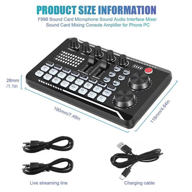 F998 Live-Soundkarte, Audio-Mixer, Podcast-Audioschnittstelle mit DJ-Mixer-Effekten, Stimmverzerrer mit Soundeffekten für Karaoke, Live-Streaming, Gaming-Aufnahmen